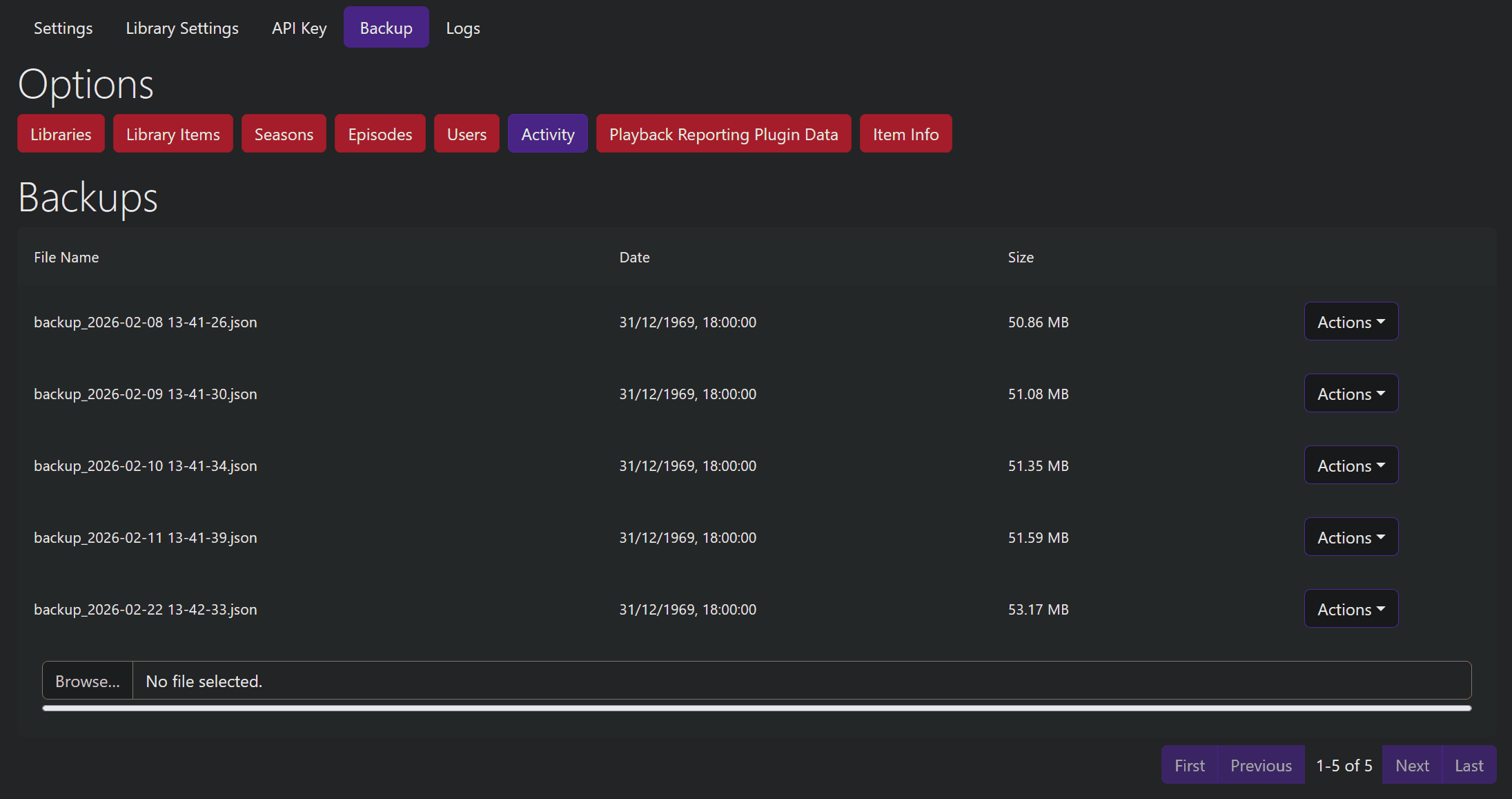 Jellystat backup options with only Activity selected