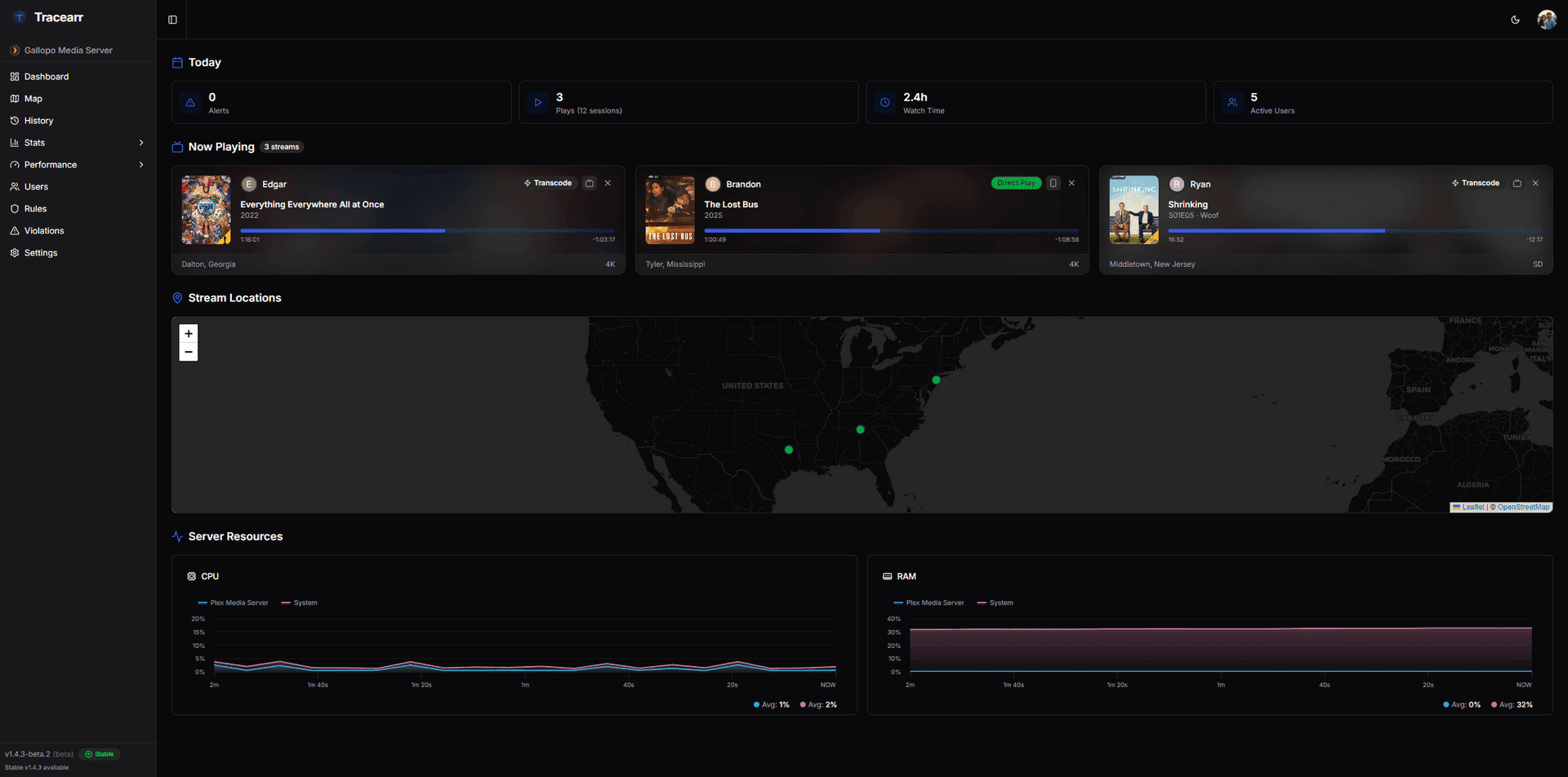 Tracearr dashboard showing real-time streams and world map