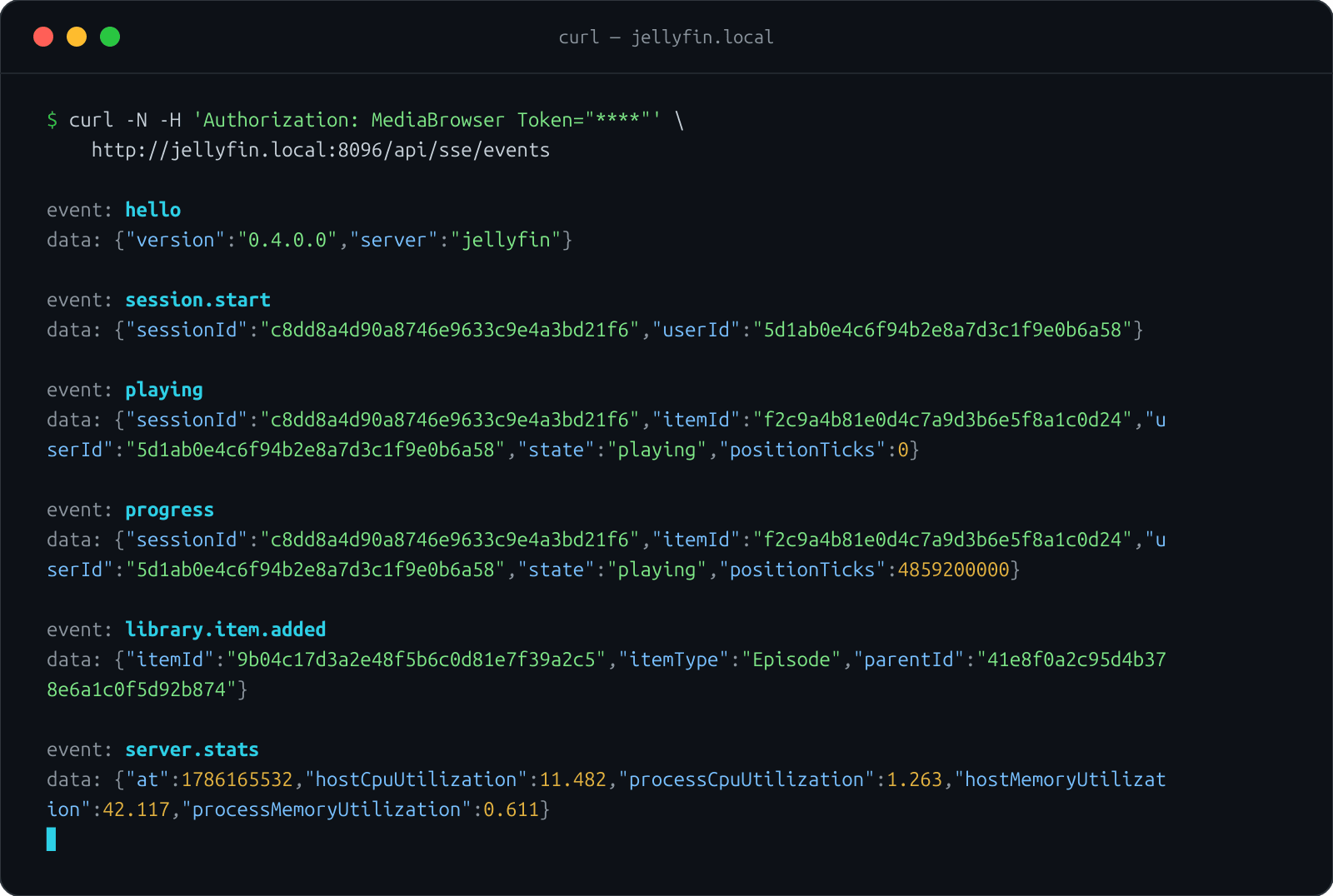 curl connected to the Jellyfin SSE endpoint, showing playback, session, library, and server stat events streaming in